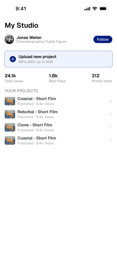 Reelioport studio dashboard with project stats and uploads