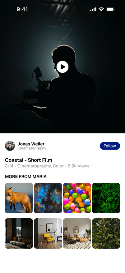 Reelioport video detail page with creator info and related reels